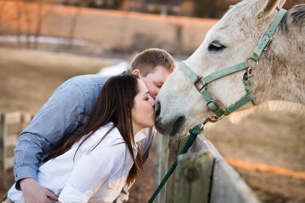 In this photo shoot with a horse the couple is seen standing in a field with a majestic horse standing behind them. The sun is setting in the background, casting a warm golden glow over the scene. 