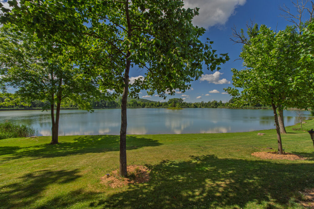 Panoramic view of the lake and gardens at Mashomack in Pine Plains, New York