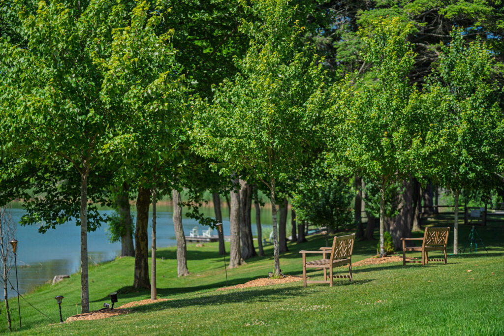Lakeside walking area with benches at Mashomack in Pine Plains, New York